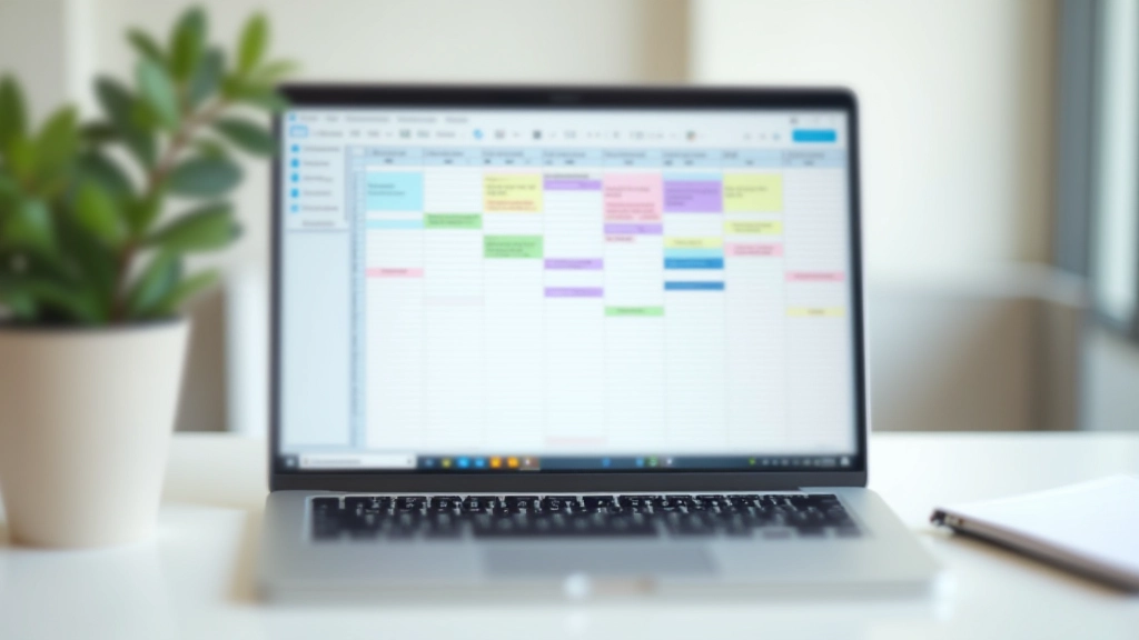 Weekly routine tracking spreadsheet displayed on laptop screen with color-coded time blocks and energy levels