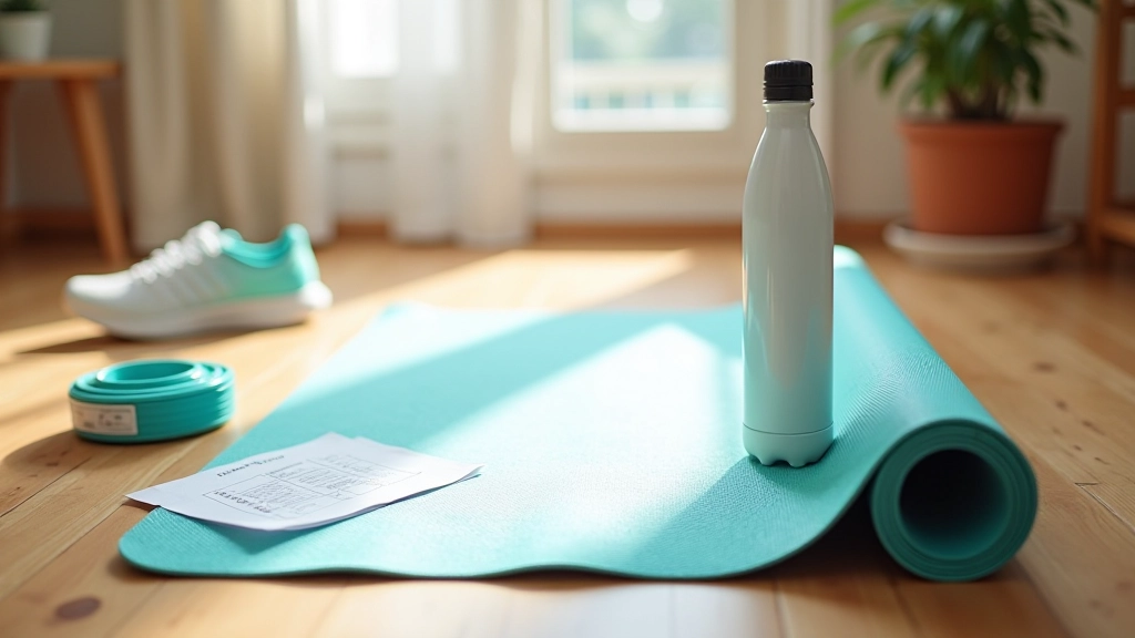 Morning routine checklist with exercise mat and water bottle on floor