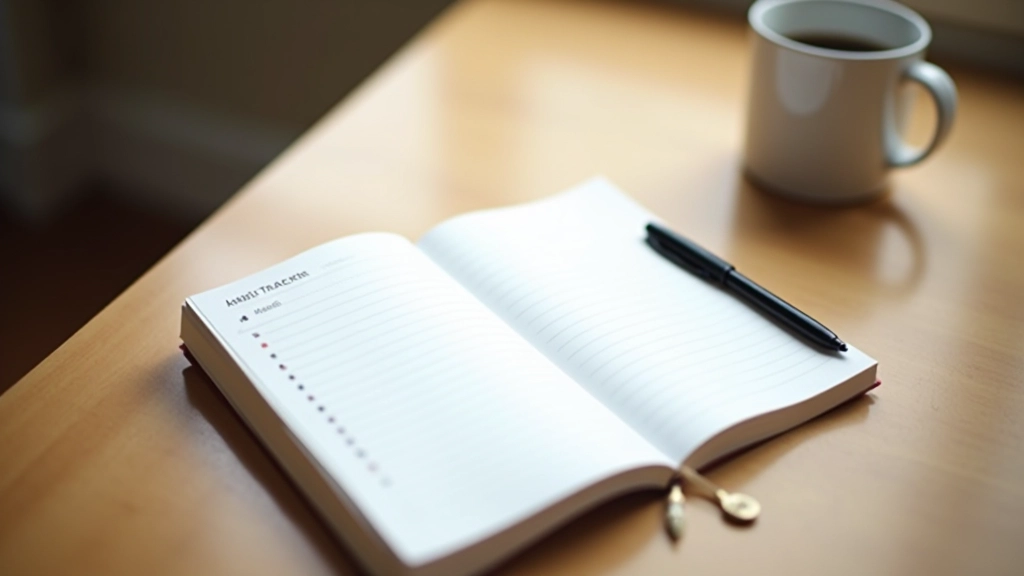 Notebook with habit tracking checklist on wooden desk with morning coffee and pen