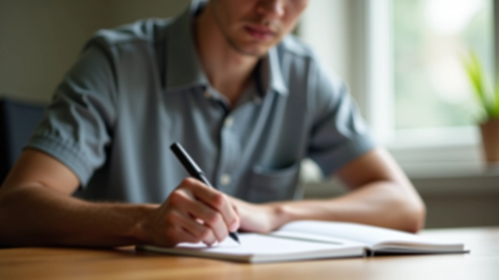 Person sitting at desk with habit tracking journal, calendar visible, focused expression