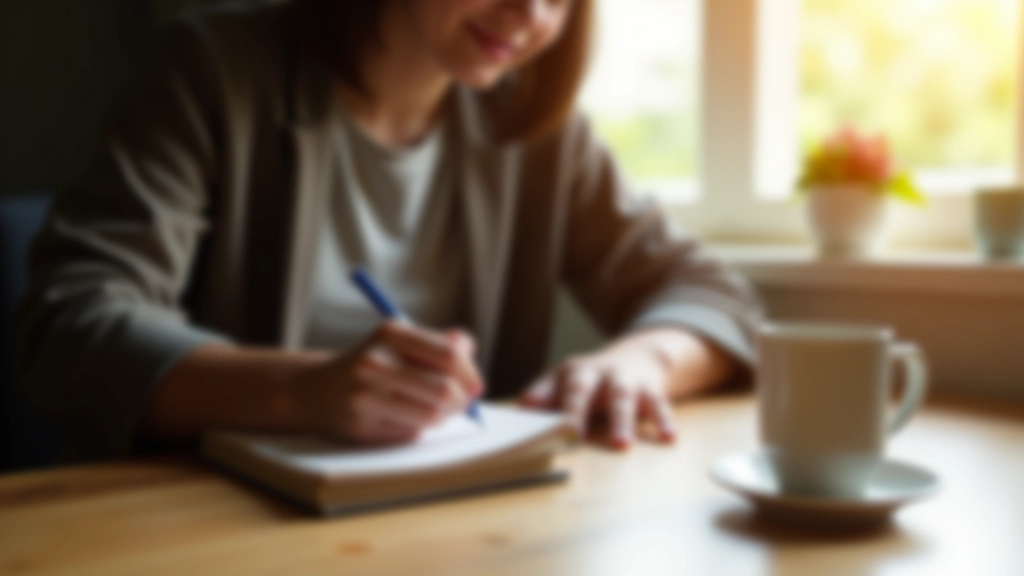 Person writing morning goals in journal with coffee on desk