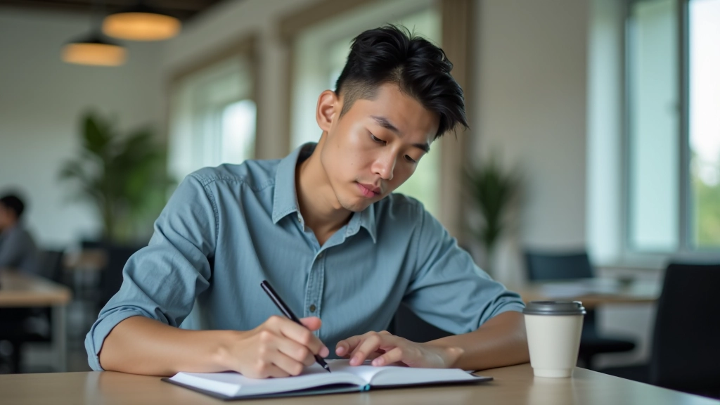 Person writing daily goals in notebook with coffee nearby