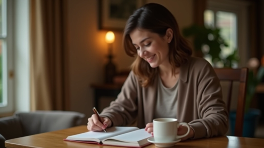 Person journaling final week reflections, looking at month calendar with completed checkmarks