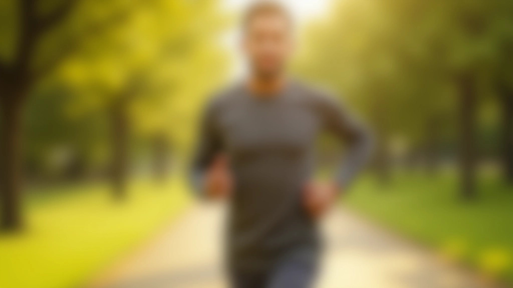 Person exercising outdoors, running on path with trees, confident posture, morning light
