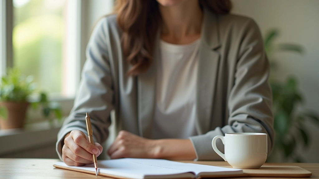 Person at desk with planner and coffee, reviewing weekly schedule during morning routine