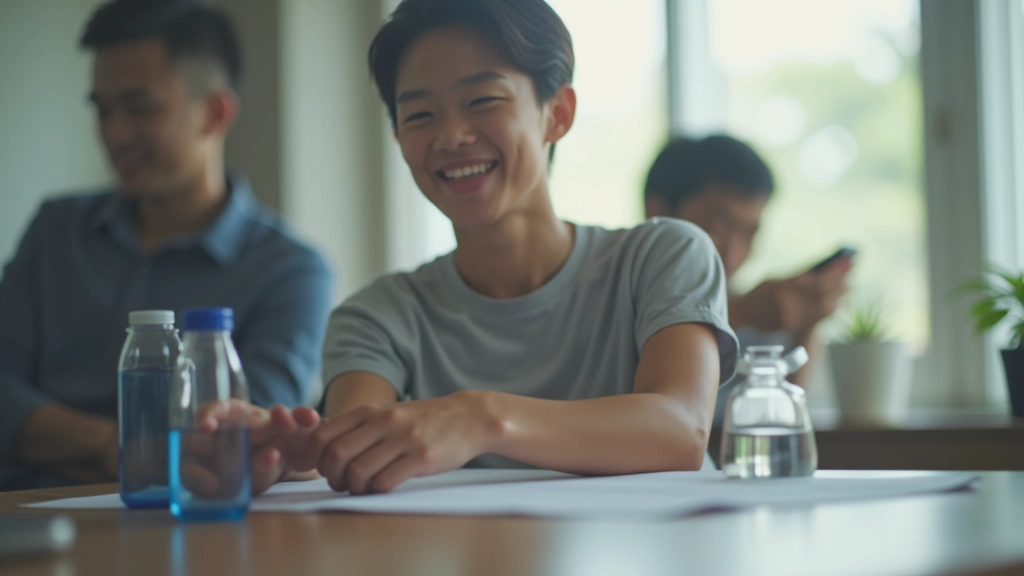 Person taking a short break during workday, stretching at desk with water bottle visible